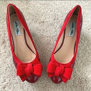 🎀👠 Lulu Hunn For ModCloth Red Patent & Velvet Retro Block Pinup Heels 9 👠🎀